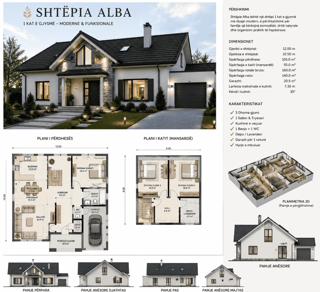 Plani i Shtepise Alba 1 Kat e Gjysme Moderne 3D Projektim 12x10m